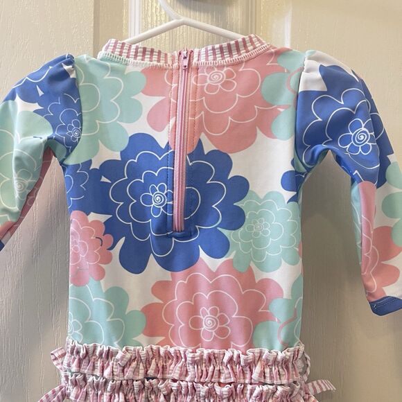 RuffleButts Pastel Petals Long Sleeve One-Piece Rashguard Swimsuit Girls 6-12 M - Picture 10 of 15